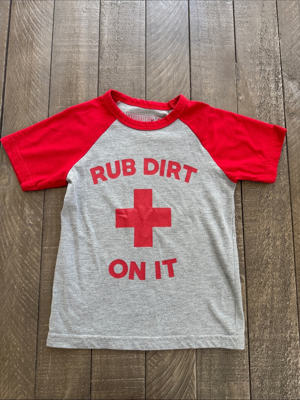 Kids Grey and Red Raglan Tee with Bold 'Rub Dirt On It' Print